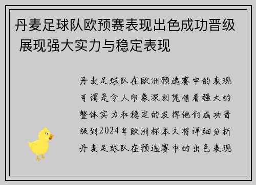 丹麦足球队欧预赛表现出色成功晋级 展现强大实力与稳定表现